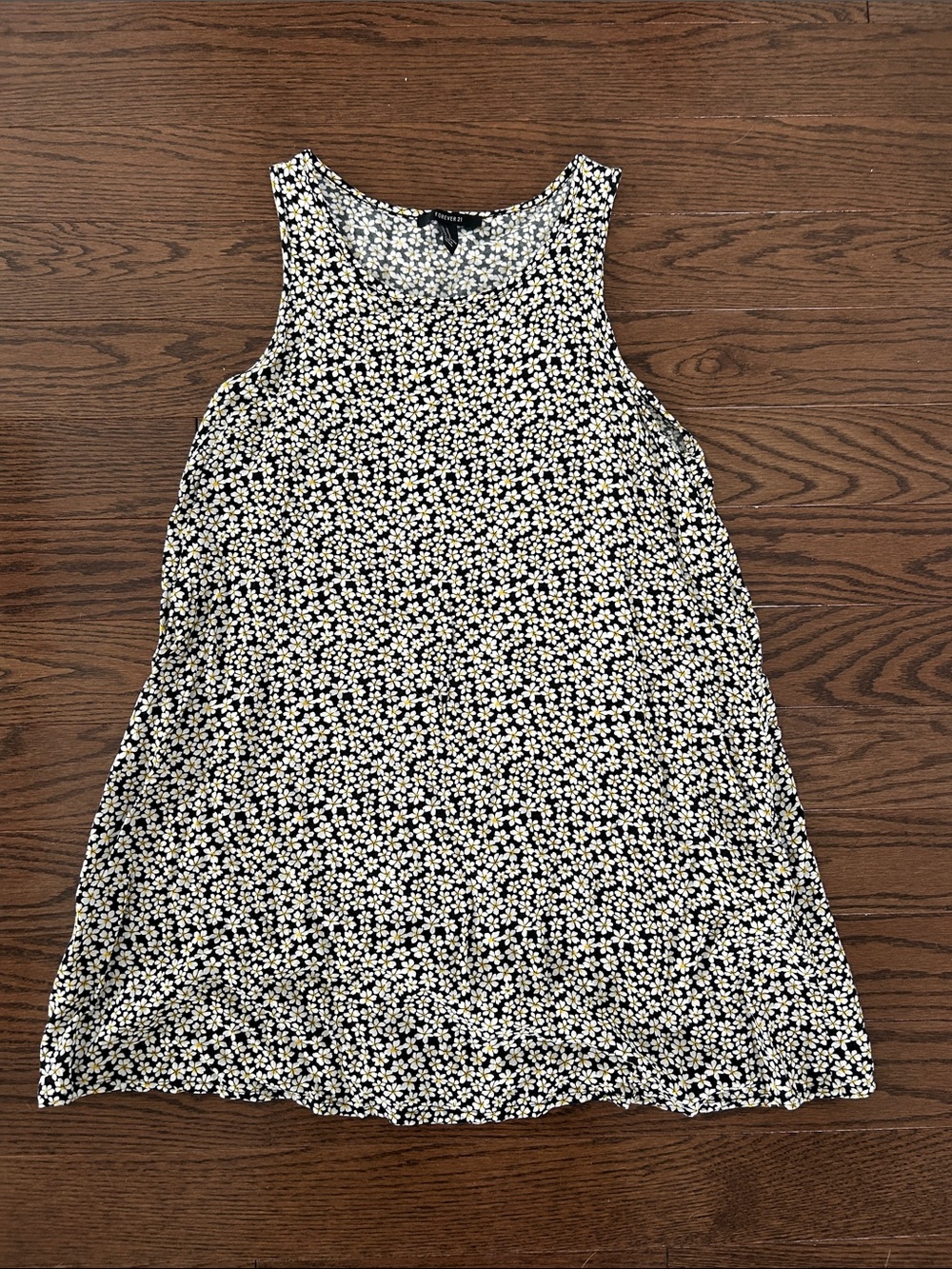 Sleeveless Floral Shift Dress - Black with White & Yellow Blossoms
